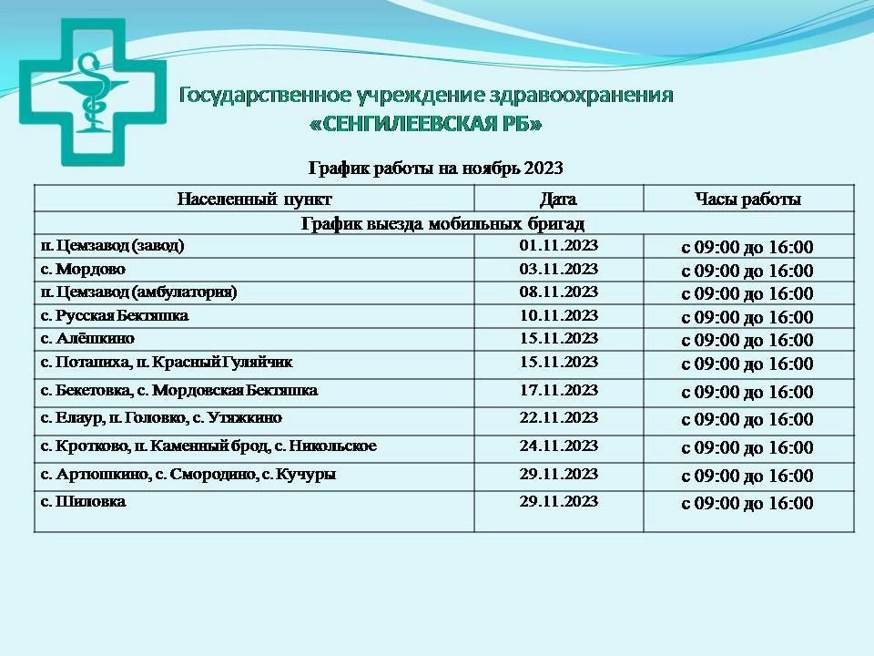 График работы ПМК на ноябрь 2023 года  МО «Сенгилеевский район»  ГУЗ «Сенгилеевская районная больница».