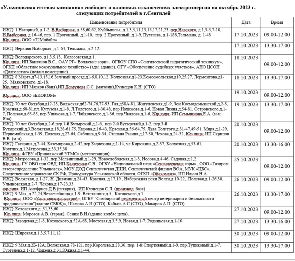 Информация АО &quot;Ульяновская сетевая компания&quot;  График плановых отключений электроэнергии на октябрь 2023 года.